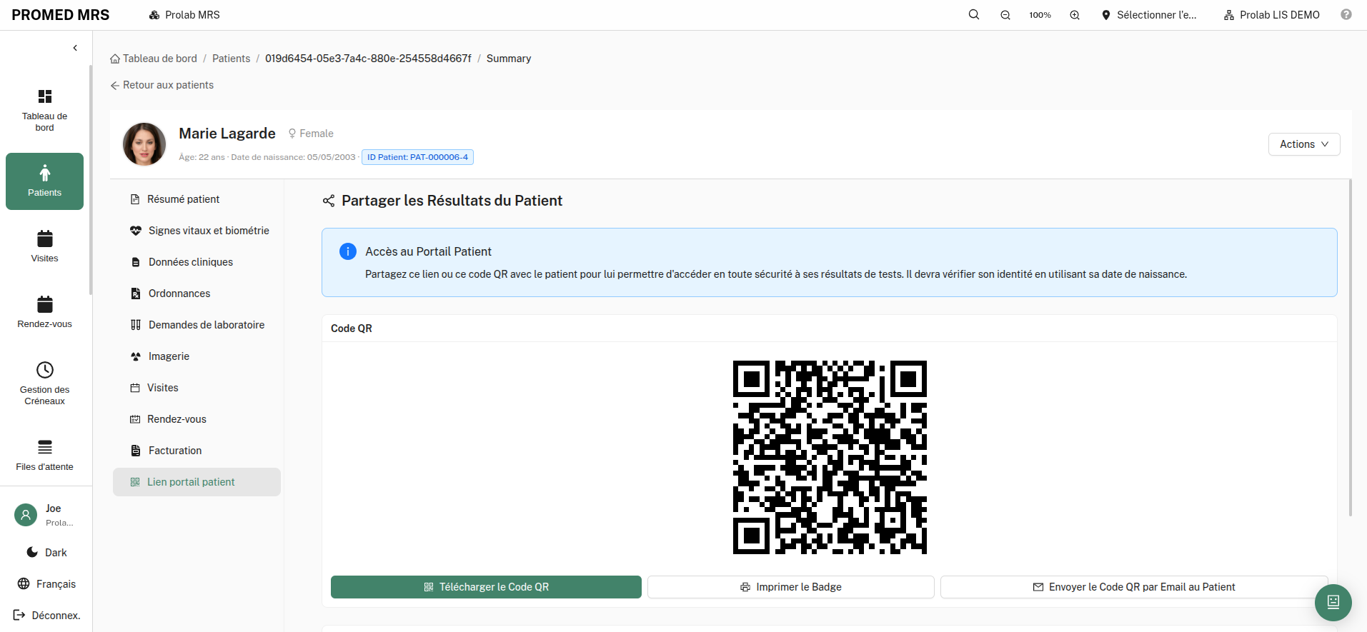 Portail patient et QR code de résultats