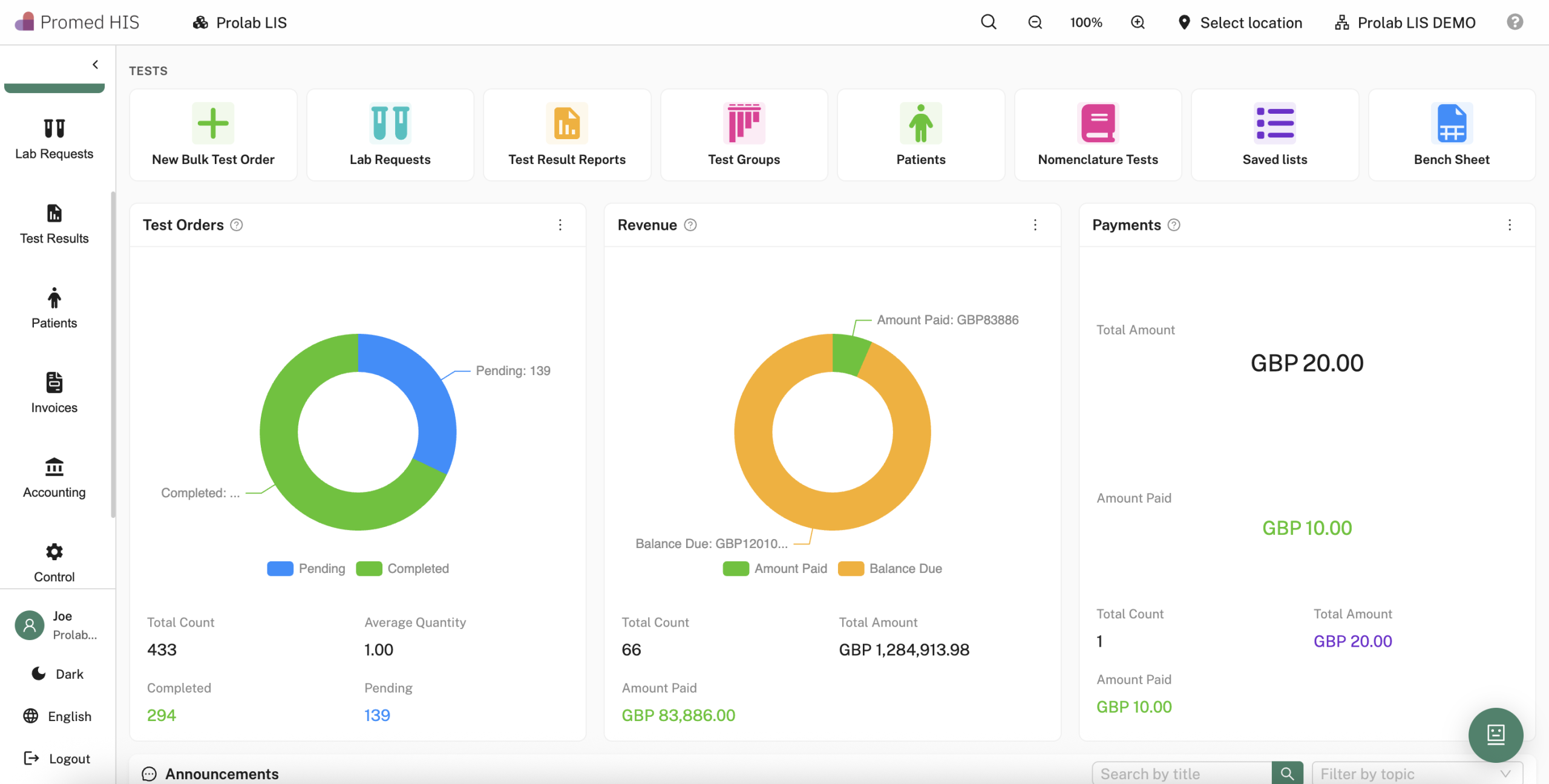 Prolab LIS — laboratory information system dashboard
