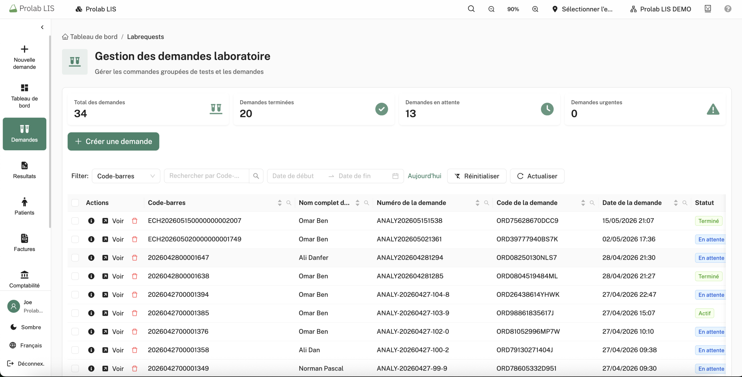 Liste des demandes d'analyses — Prolab LIS