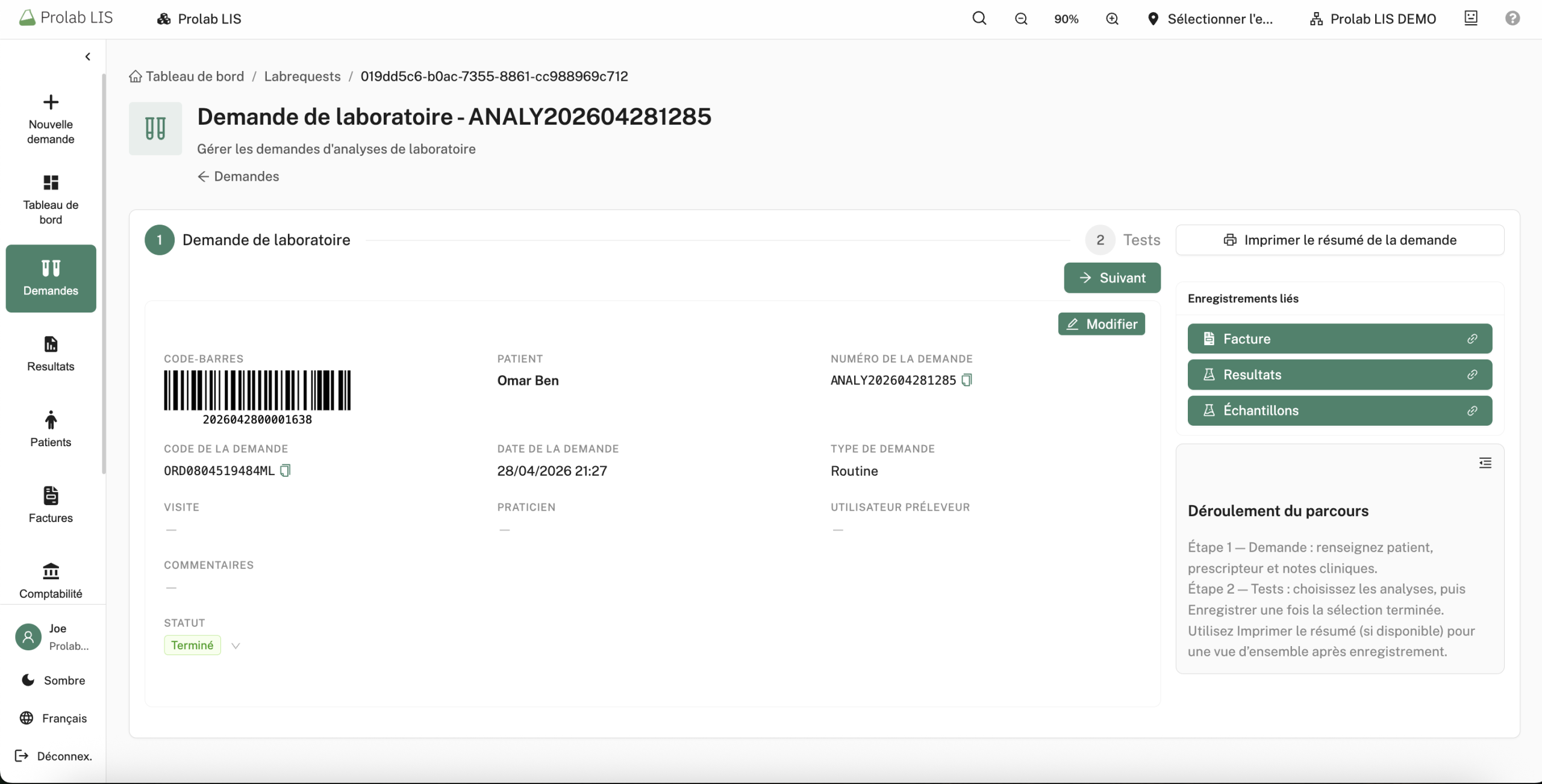 Création d'une demande d'analyses — Prolab LIS