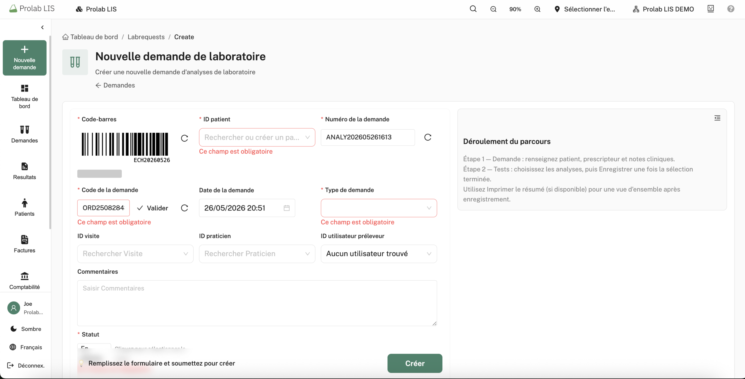 Saisie d'une prescription de biologie médicale