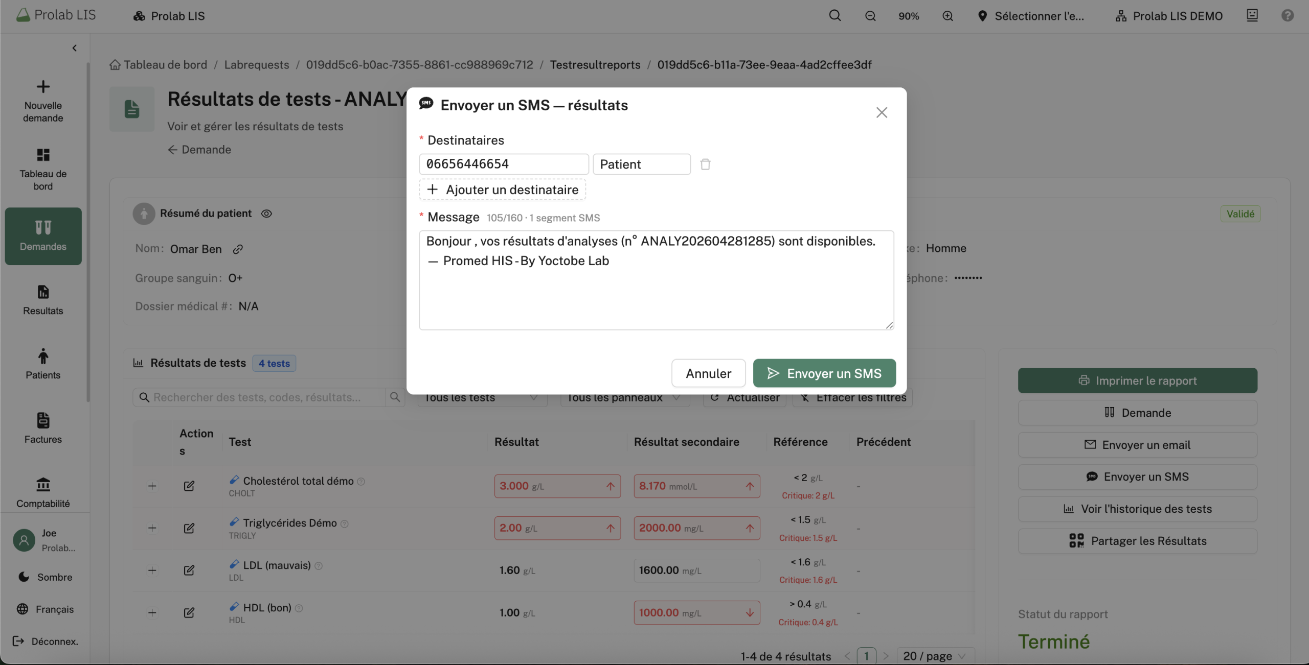 Notification SMS et e-mail de disponibilité des résultats